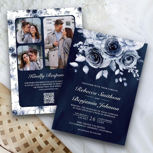 Invitation Dusty Blue Floral Photo QR Code Navy Wedding