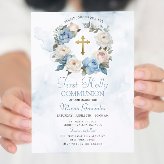 Invitation Dusty Blue Floral Première communion sainte