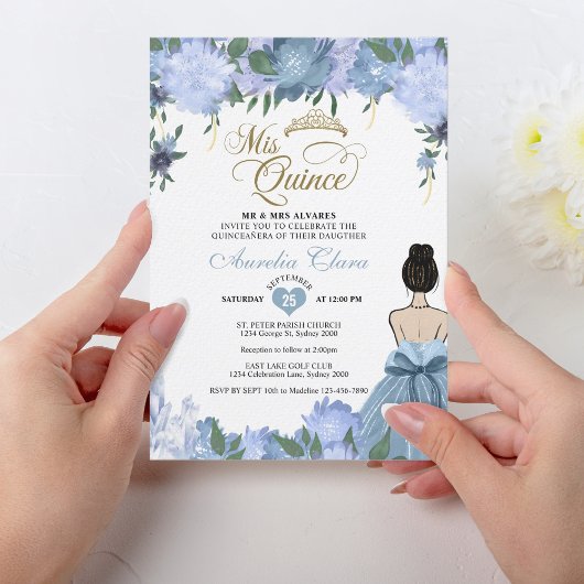 Invitation Dusty Blue Floral Princess Mis Quince Quinceañera