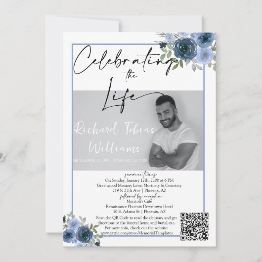 Invitation Dusty Blue Floral QR Code Memorial Photo Funéraill (Devant)