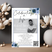 Invitation Dusty Blue Floral QR Code Memorial Photo Funéraill