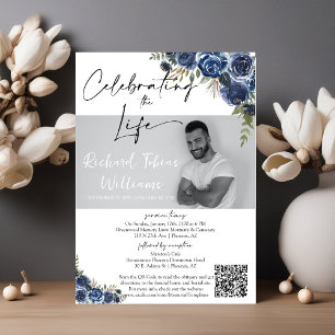 Invitation Dusty Blue Floral QR Code Memorial Photo Funéraill