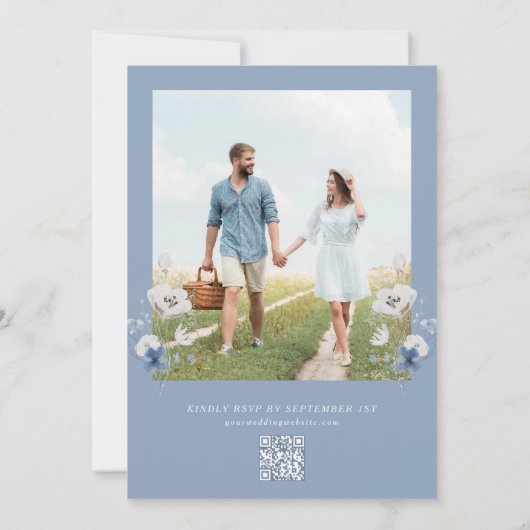 Invitation Dusty Blue Floral QR Code RSVP Mariage photo (Dos)