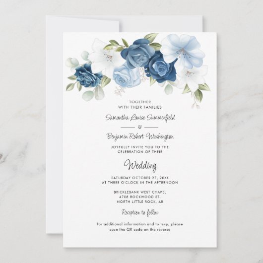 Invitation Dusty Blue Floral QR Code tout en un Mariage (Devant)
