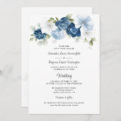 Invitation Dusty Blue Floral QR Code tout en un Mariage (Devant / Derrière)