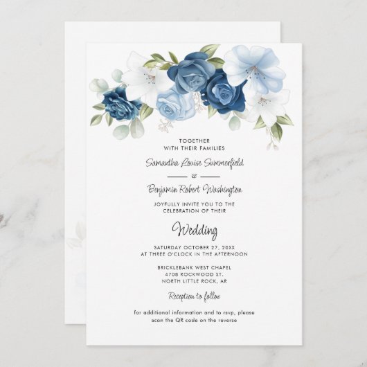 Invitation Dusty Blue Floral QR Code tout en un Mariage (Devant / Derrière)