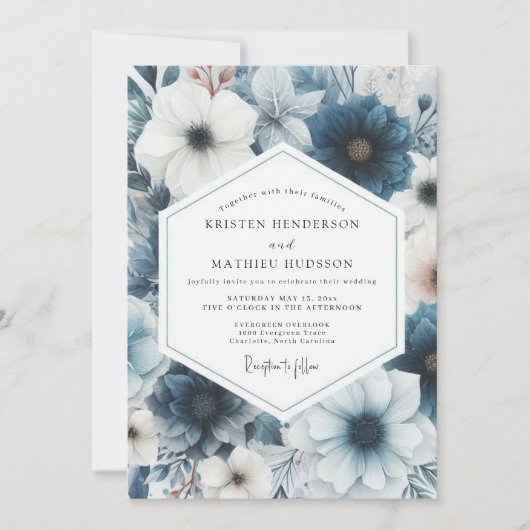 Invitation Dusty Blue Floral Romance Wedding (Devant)