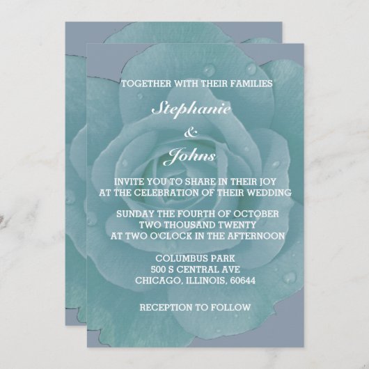 Invitation Dusty Blue Floral Rose Bloom Élégant Mariage (Devant / Derrière)