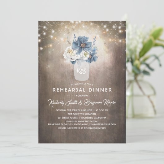 Invitation Dusty Blue Floral Rustic Country Rehearer Dîner (Debout devant)