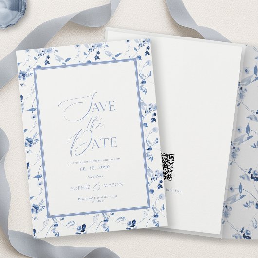 Invitation Dusty Blue Floral Save the Date Card