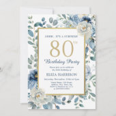 Invitation Dusty Blue Floral Surprise 80e anniversaire (Devant)