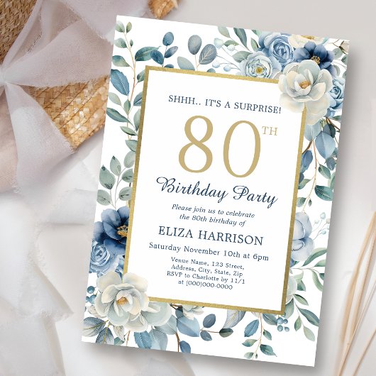 Invitation Dusty Blue Floral Surprise 80e anniversaire