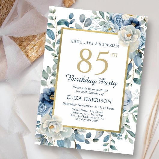 Invitation Dusty Blue Floral Surprise 85e anniversaire