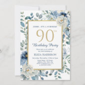 Invitation Dusty Blue Floral Surprise 90e anniversaire (Devant)