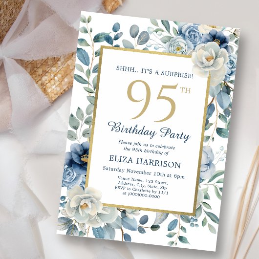 Invitation Dusty Blue Floral Surprise 95e anniversaire
