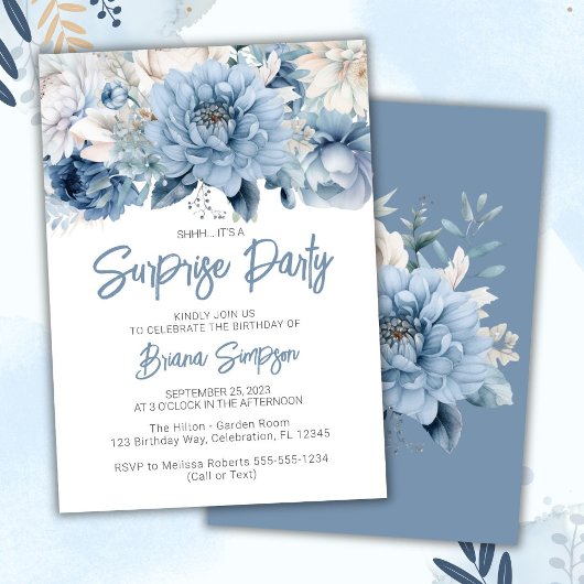 Invitation Dusty Blue Floral Surprise fête d'anniversaire