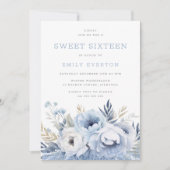 Invitation Dusty Blue Floral Sweet 16 Seteen Party (Devant)