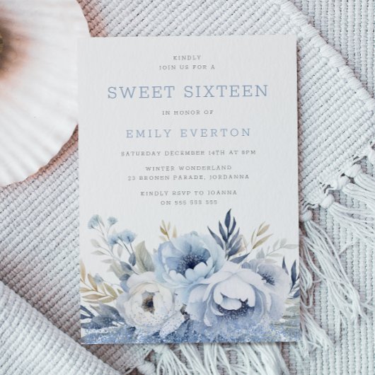Invitation Dusty Blue Floral Sweet 16 Seteen Party