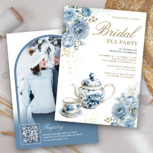 Invitation Dusty Blue Floral Tea Party QR Code Fête des marié