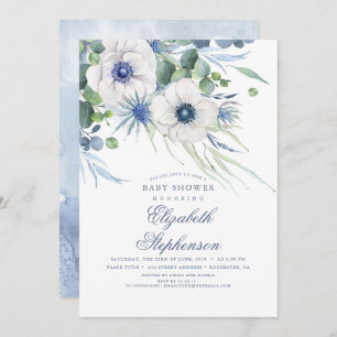 Invitation Dusty Blue Floral Verdure Baby shower moderne