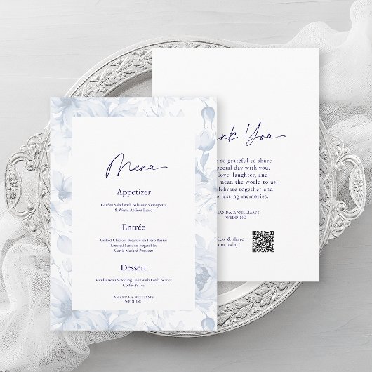 Invitation Dusty Blue Floral Wedding Menu & Thank You Card