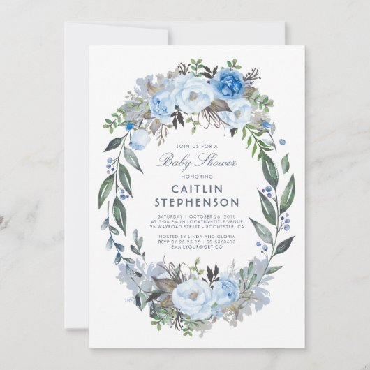 Invitation Dusty Blue Floral Wreath Élégant Baby shower (Devant)