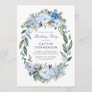 Invitation Dusty Blue Floral Wreath Élégante fête d'anniversa