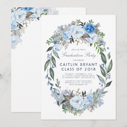 Invitation Dusty Blue Floral Wreath Élégante fête de graduati (Devant / Derrière)