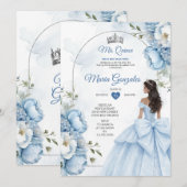 Invitation Dusty Blue Floral XV Birthday Invite with Crown (Devant / Derrière)