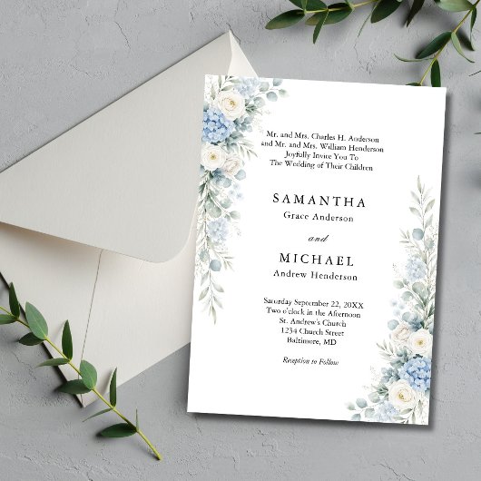 Invitation Dusty Blue Florals Both Parents Names Wedding