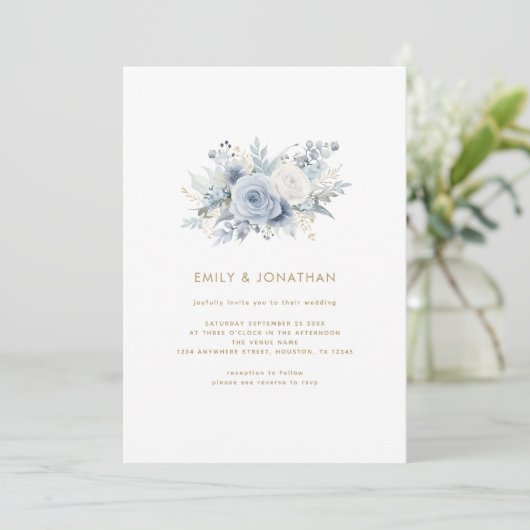 Invitation Dusty Blue Florals Gold Script QR Code Mariage (Debout devant)
