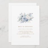 Invitation Dusty Blue Florals Gold Script QR Code Mariage (Devant / Derrière)