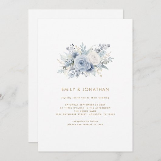 Invitation Dusty Blue Florals Gold Script QR Code Mariage (Devant / Derrière)