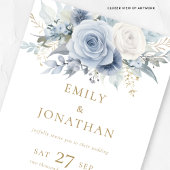 Invitation Dusty Blue Florals Photo Gold Texte QR Code Mariag