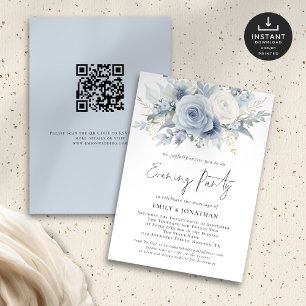 Invitation Dusty Blue Florals QR Code Mariage soirée