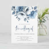 Invitation Dusty Blue Florals Script QR Code Mariage (Debout devant)