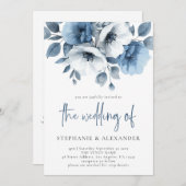 Invitation Dusty Blue Florals Script QR Code Mariage (Devant / Derrière)