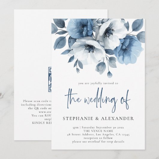 Invitation Dusty Blue Florals Script QR Code Mariage (Devant / Derrière)