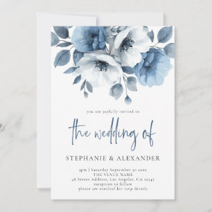 Invitation Dusty Blue Florals Script QR Code Mariage