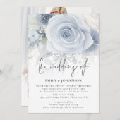 Invitation Dusty Blue Florals superposer photo QR Code Mariag (Devant / Derrière)