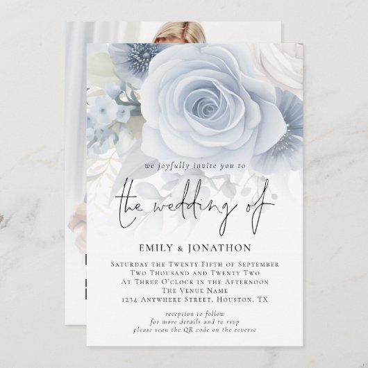 Invitation Dusty Blue Florals superposer photo QR Code Mariag (Devant / Derrière)