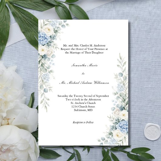 Invitation Dusty Blue Florals Traditional Church Wedding