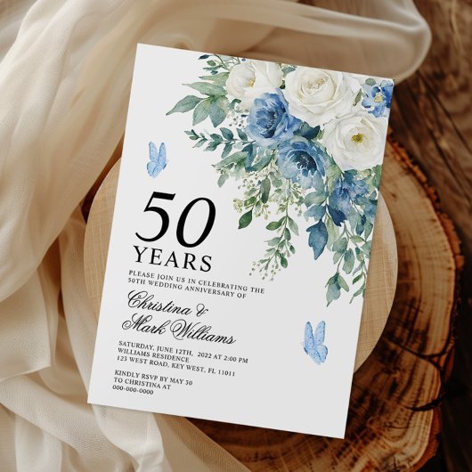 Invitation Dusty Blue Flowers 50th Wedding Anniversary