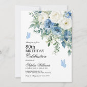Invitation Dusty Blue Flowers 80th Birthday (Devant)