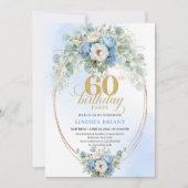 Invitation Dusty blue flowers white peony gold 60th birthday (Devant)