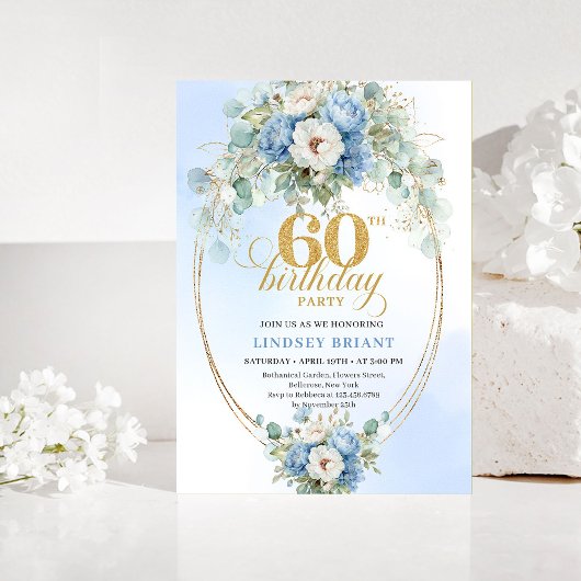Invitation Dusty blue flowers white peony gold 60th birthday
