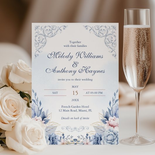 Invitation Dusty Blue French Garden Floral Wedding