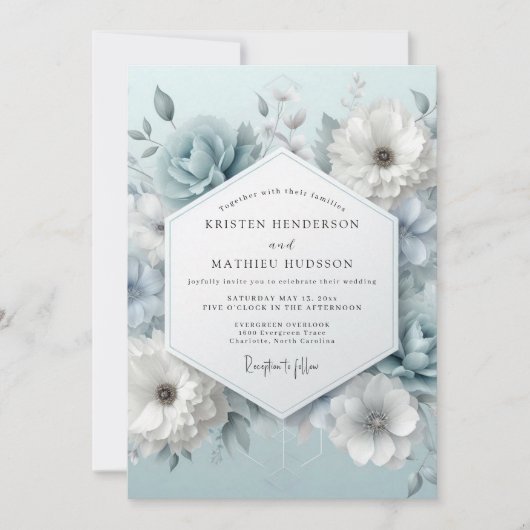 Invitation Dusty Blue Frosted Flora Wedding (Devant)