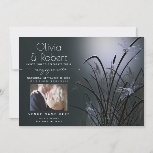 Invitation Dusty Blue Glow Fiançailles Lune lumière dragonfly (Devant)