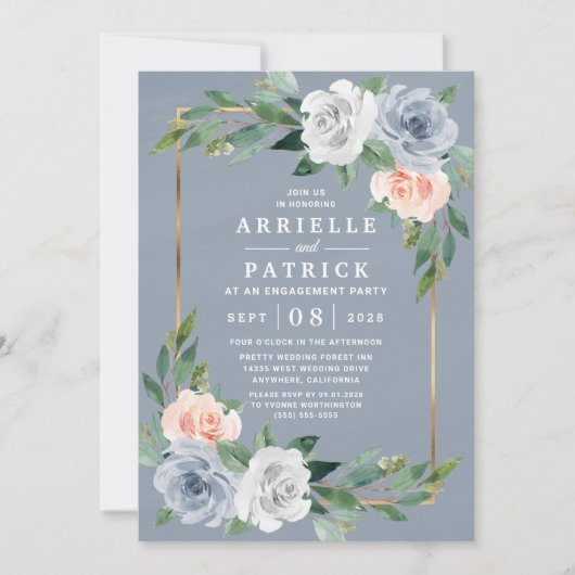 Invitation Dusty Blue Gold Blush Peach Party (Devant)